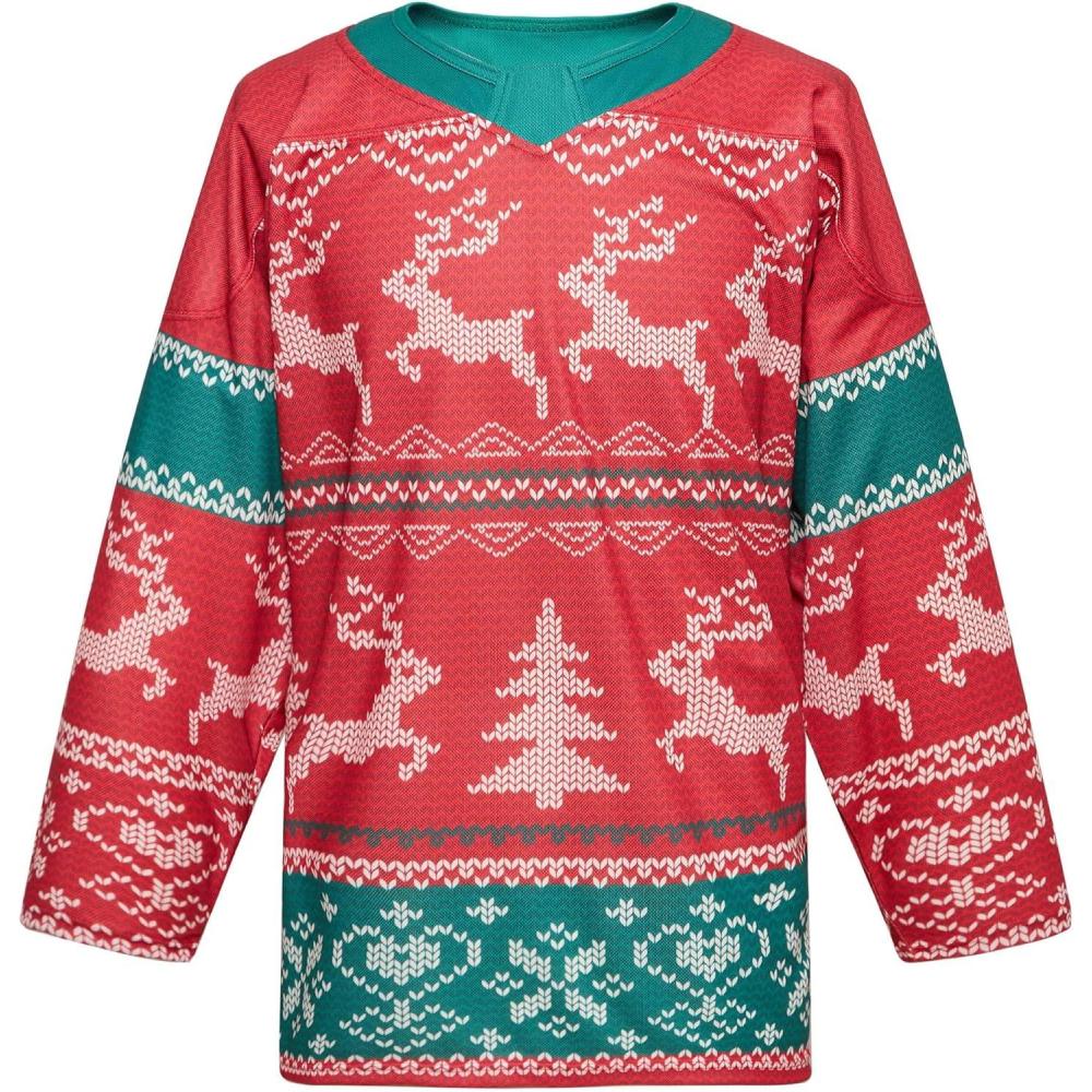 image:imageEALER Christmas Sublimated Practice Hockey Jersey Jacket with elk and Snow for Men and BoysRed