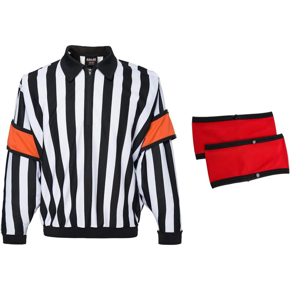 image:imageEALER HRJ100 Ice Hockey Long Sleeve Striped RefereeUmpire Jersey Shirt with Removable Orange and Red Armbands3XLarge