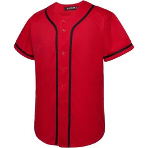 EALER BJ80 Series Mens Baseball Jersey Button Down Shirts Short Sleeve Hipster Hip Hop Sports Uniforms(Red)